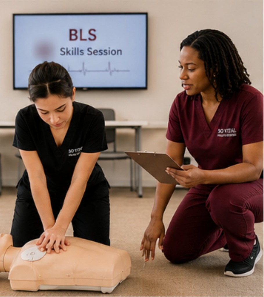 Instructor evaluating a student performing CPR on a manikin during a BLS skills session.